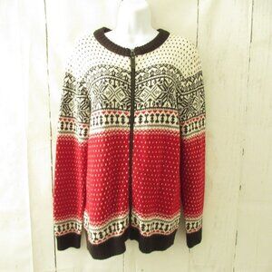 Nor Wear Cardigan Sweater L Large Red Black Nordic Fair Isle Wool Blend Zip Up
